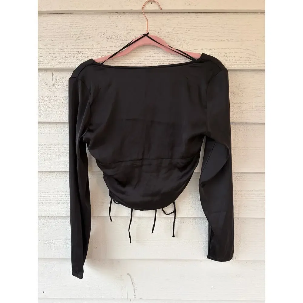 H&M Black Ruched Corset Top Long Sleeve V Neck Tie Front Blouse Size M